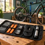 Organized bicycle tool roll on a workshop bench with a bicycle on a repair stand behind