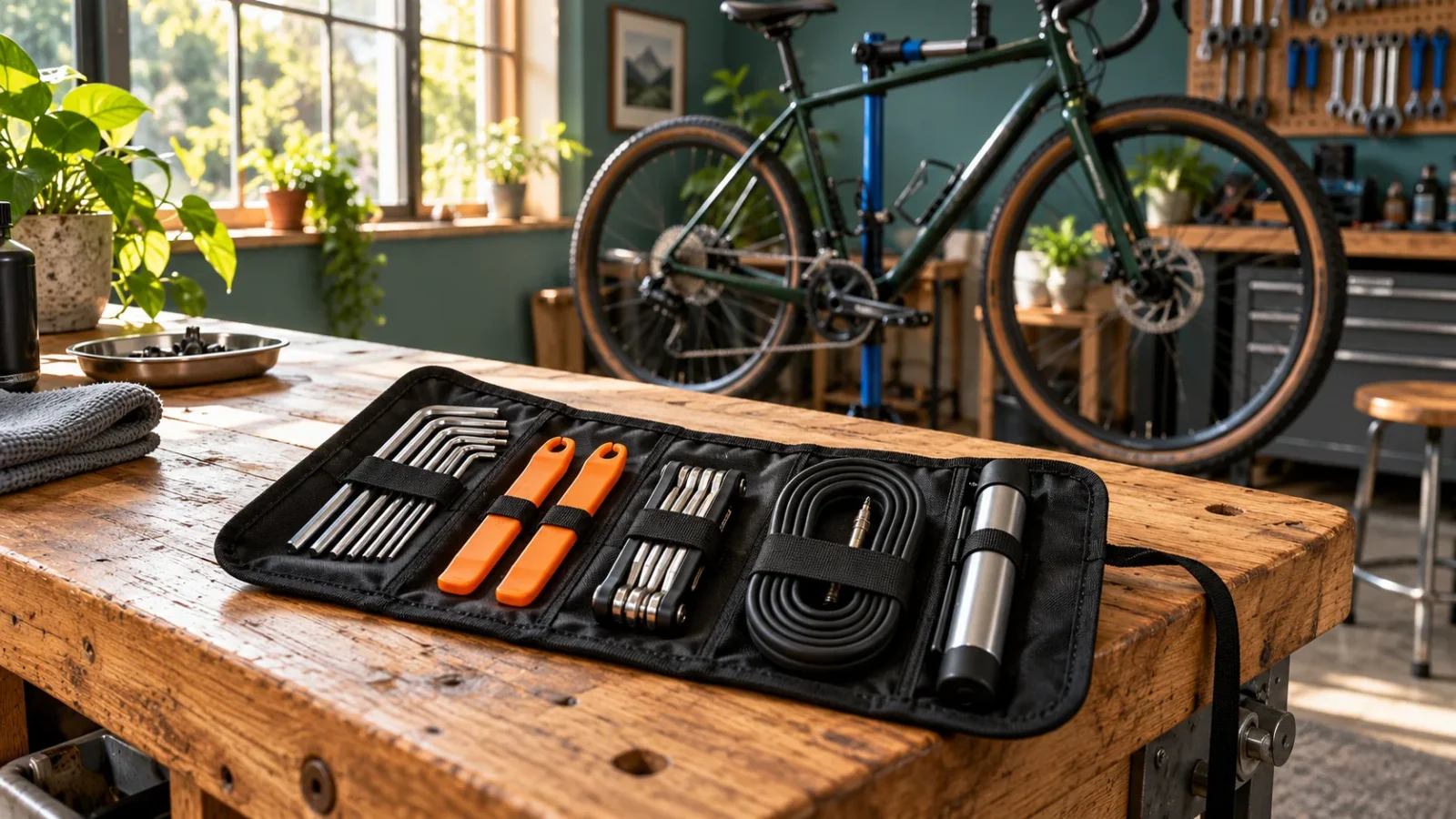 Organized bicycle tool roll on a workshop bench with a bicycle on a repair stand behind