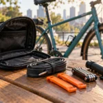 Compact bicycle repair pouch with spare tube, tire levers, multitool and mini pump on a park bench