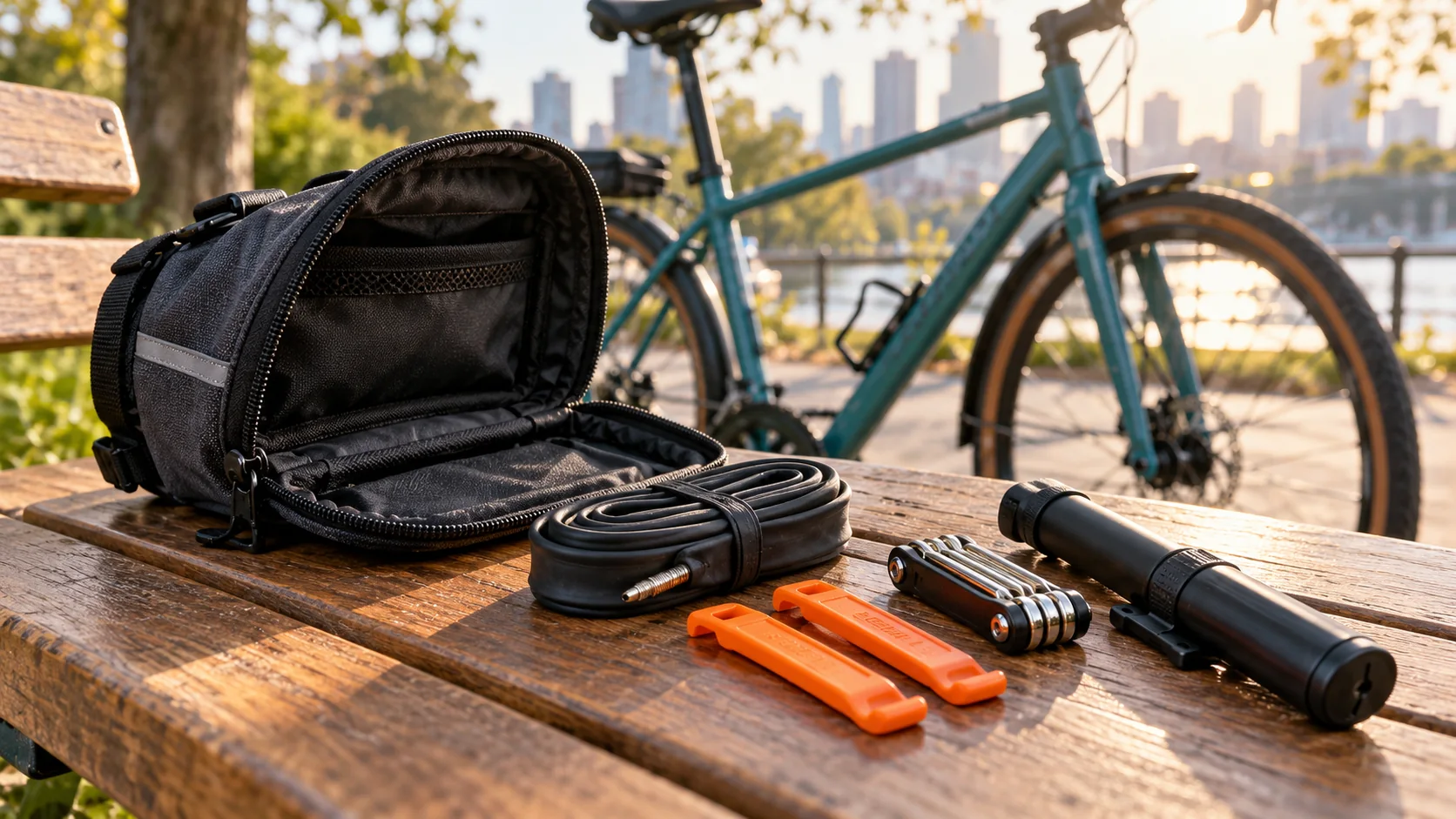 Compact bicycle repair pouch with spare tube, tire levers, multitool and mini pump on a park bench