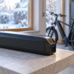 Disconnected e-bike battery on an indoor stone surface with a snowy garden outside