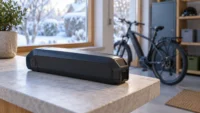 Disconnected e-bike battery on an indoor stone surface with a snowy garden outside