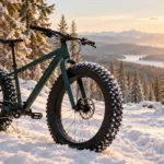 Wide-tire bicycle parked on a snowy forest trail, illustrating an alternative to ski-bike conversions