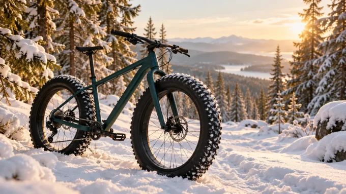 Wide-tire bicycle parked on a snowy forest trail, illustrating an alternative to ski-bike conversions