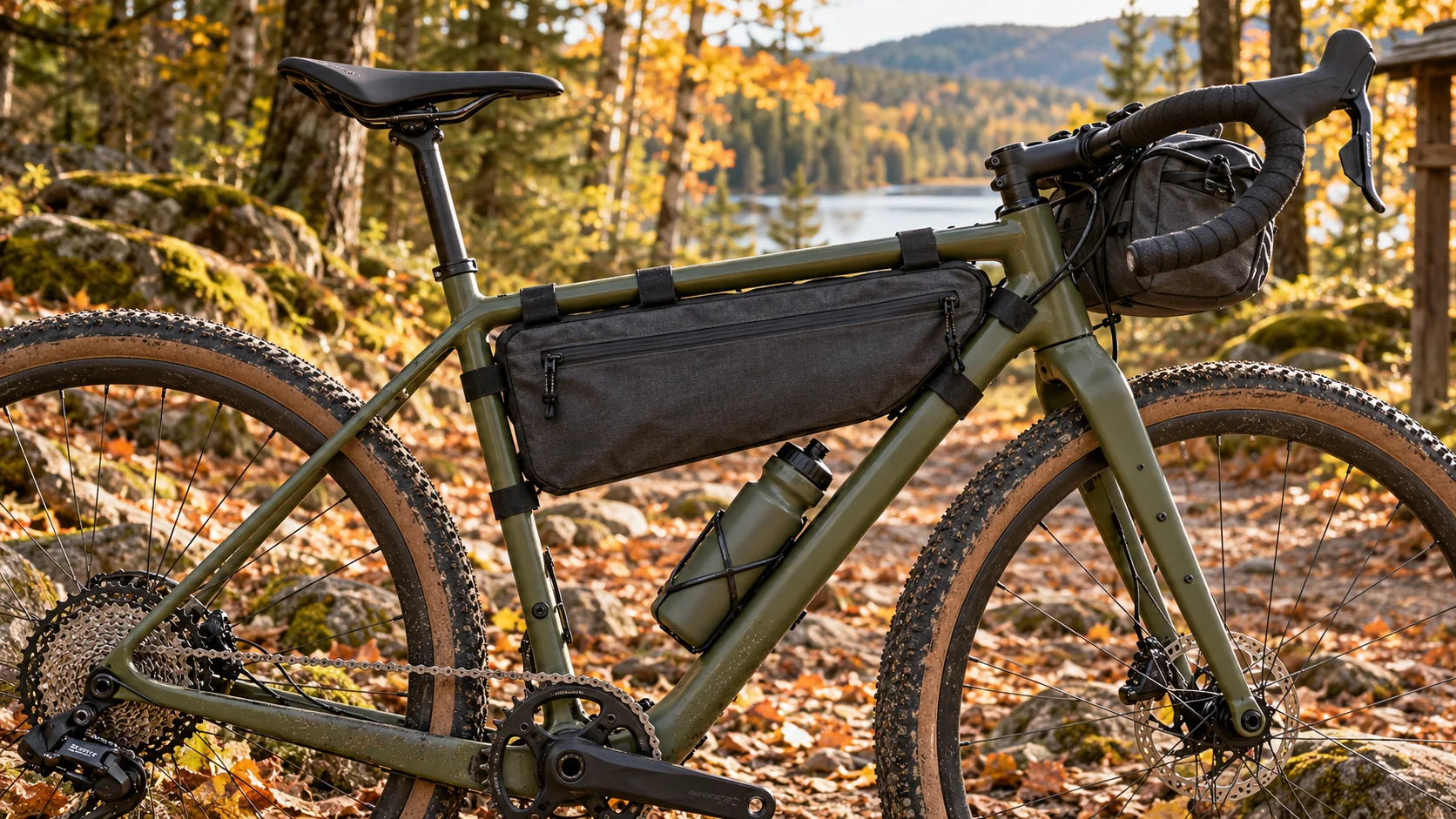 Gravel bicycle with a fitted frame bag, compact handlebar bag and water bottle