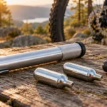 Bicycle mini pump, two CO2 cartridges and an inflator head arranged on an outdoor table