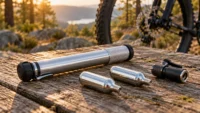 Bicycle mini pump, two CO2 cartridges and an inflator head arranged on an outdoor table
