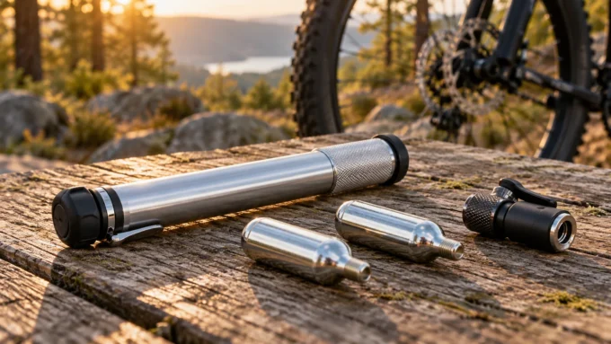 Bicycle mini pump, two CO2 cartridges and an inflator head arranged on an outdoor table