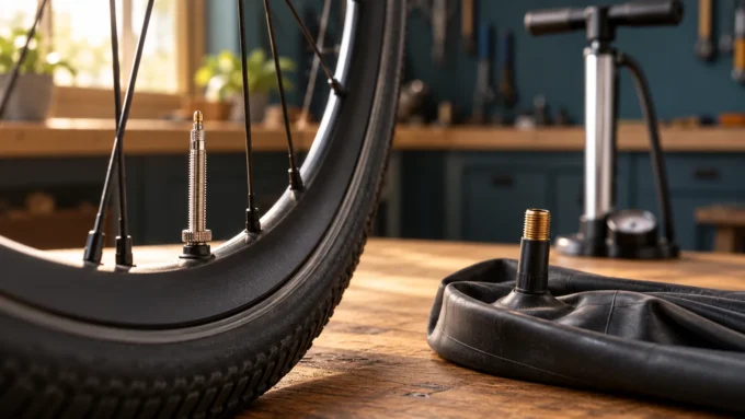Slender Presta valve on a bicycle wheel beside a wider Schrader valve on a spare inner tube