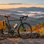 Touring bicycle with ochre rear panniers beside a winding mountain road