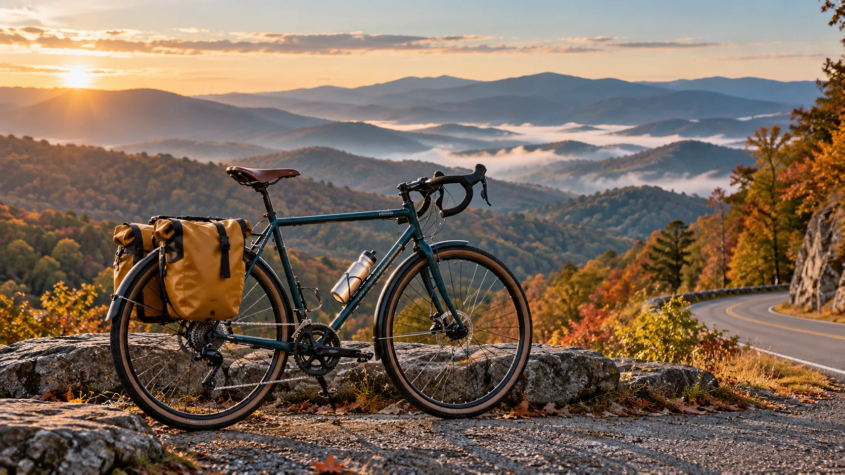 Touring bicycle with ochre rear panniers beside a winding mountain road