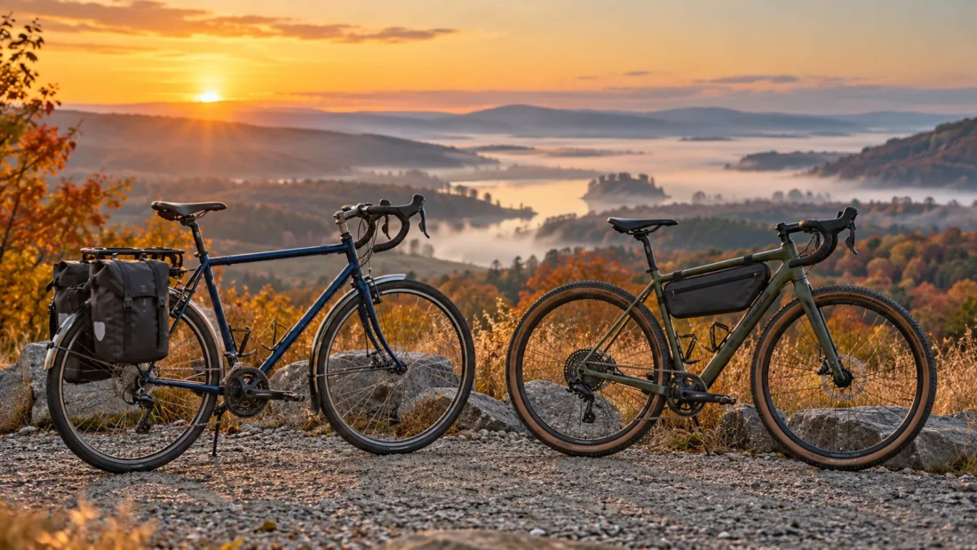 Touring bicycle with rear panniers beside a gravel bicycle with a frame bag at a scenic overlook