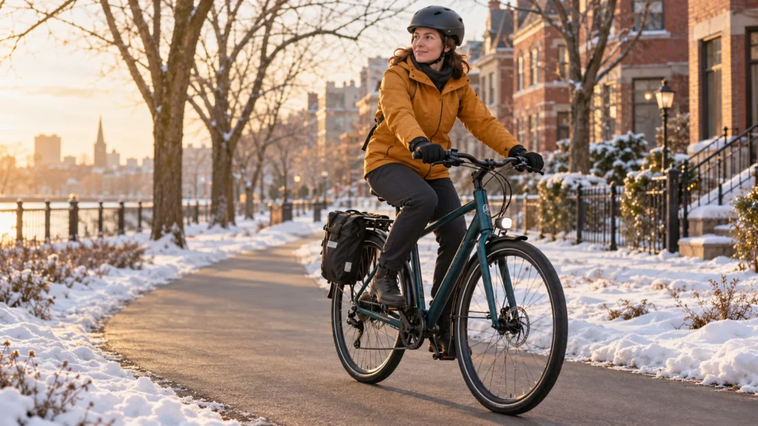 Helmeted cyclist in a warm jacket riding a commuter bicycle on a cleared winter path